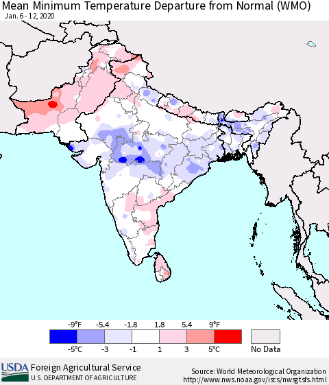 Southern Asia Minimum Temperature Departure From Normal (WMO) Thematic Map For 1/6/2020 - 1/12/2020