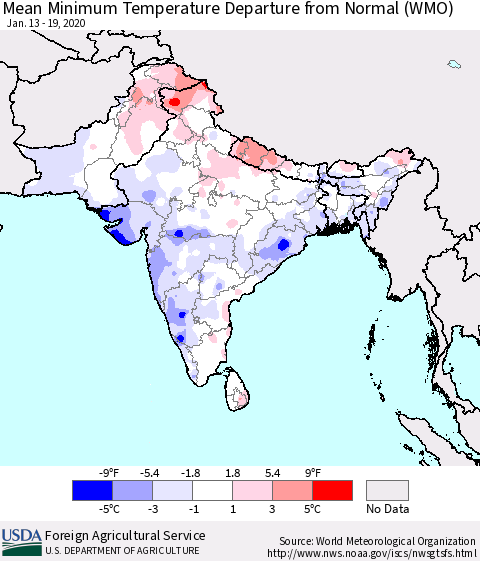Southern Asia Minimum Temperature Departure From Normal (WMO) Thematic Map For 1/13/2020 - 1/19/2020