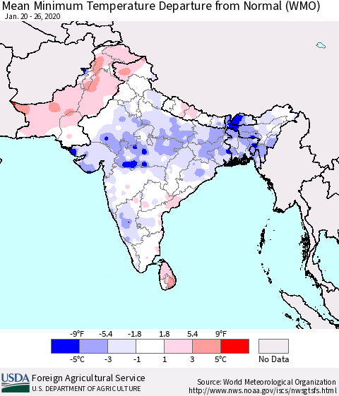 Southern Asia Minimum Temperature Departure From Normal (WMO) Thematic Map For 1/20/2020 - 1/26/2020