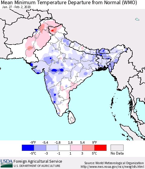 Southern Asia Minimum Temperature Departure From Normal (WMO) Thematic Map For 1/27/2020 - 2/2/2020