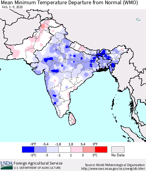 Southern Asia Mean Minimum Temperature Departure from Normal (WMO) Thematic Map For 2/3/2020 - 2/9/2020