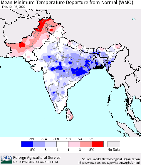 Southern Asia Mean Minimum Temperature Departure from Normal (WMO) Thematic Map For 2/10/2020 - 2/16/2020