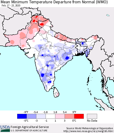 Southern Asia Minimum Temperature Departure From Normal (WMO) Thematic Map For 2/17/2020 - 2/23/2020