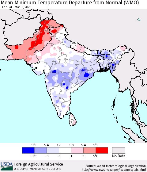 Southern Asia Minimum Temperature Departure From Normal (WMO) Thematic Map For 2/24/2020 - 3/1/2020