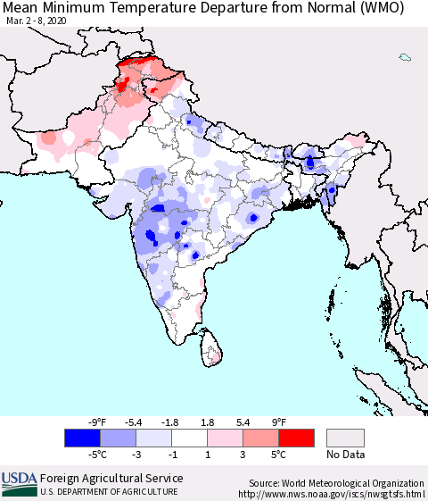 Southern Asia Minimum Temperature Departure From Normal (WMO) Thematic Map For 3/2/2020 - 3/8/2020