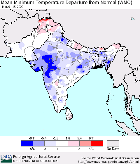 Southern Asia Minimum Temperature Departure From Normal (WMO) Thematic Map For 3/9/2020 - 3/15/2020
