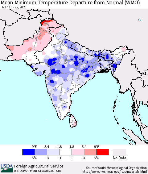 Southern Asia Mean Minimum Temperature Departure from Normal (WMO) Thematic Map For 3/16/2020 - 3/22/2020