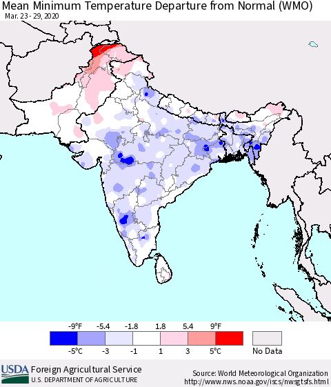 Southern Asia Mean Minimum Temperature Departure from Normal (WMO) Thematic Map For 3/23/2020 - 3/29/2020
