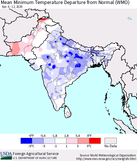 Southern Asia Mean Minimum Temperature Departure from Normal (WMO) Thematic Map For 4/6/2020 - 4/12/2020