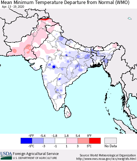 Southern Asia Minimum Temperature Departure From Normal (WMO) Thematic Map For 4/13/2020 - 4/19/2020