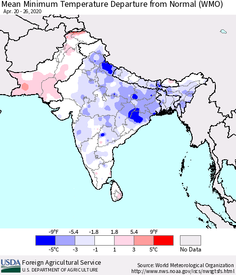 Southern Asia Mean Minimum Temperature Departure from Normal (WMO) Thematic Map For 4/20/2020 - 4/26/2020
