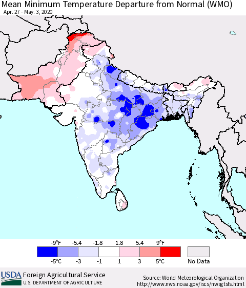 Southern Asia Minimum Temperature Departure From Normal (WMO) Thematic Map For 4/27/2020 - 5/3/2020