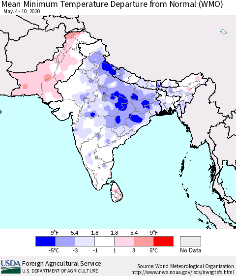 Southern Asia Mean Minimum Temperature Departure from Normal (WMO) Thematic Map For 5/4/2020 - 5/10/2020