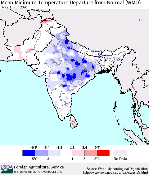 Southern Asia Mean Minimum Temperature Departure from Normal (WMO) Thematic Map For 5/11/2020 - 5/17/2020
