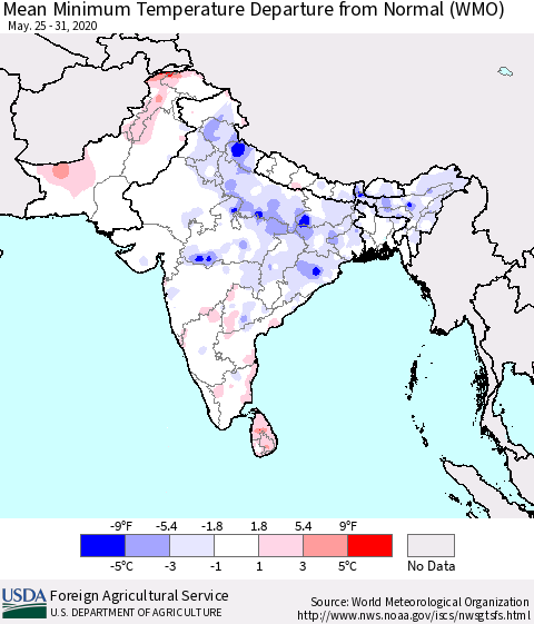 Southern Asia Mean Minimum Temperature Departure from Normal (WMO) Thematic Map For 5/25/2020 - 5/31/2020