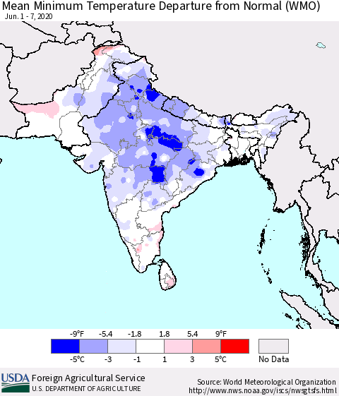 Southern Asia Mean Minimum Temperature Departure from Normal (WMO) Thematic Map For 6/1/2020 - 6/7/2020