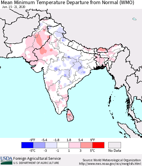 Southern Asia Minimum Temperature Departure From Normal (WMO) Thematic Map For 6/15/2020 - 6/21/2020