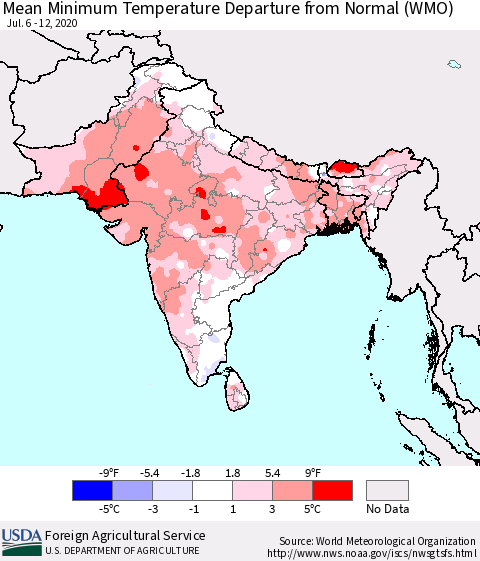 Southern Asia Mean Minimum Temperature Departure from Normal (WMO) Thematic Map For 7/6/2020 - 7/12/2020