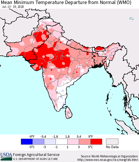 Southern Asia Mean Minimum Temperature Departure from Normal (WMO) Thematic Map For 7/13/2020 - 7/19/2020