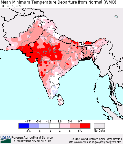 Southern Asia Mean Minimum Temperature Departure from Normal (WMO) Thematic Map For 7/20/2020 - 7/26/2020