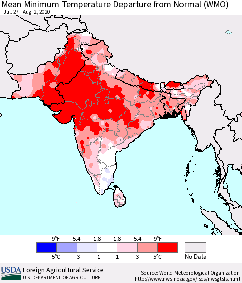Southern Asia Mean Minimum Temperature Departure from Normal (WMO) Thematic Map For 7/27/2020 - 8/2/2020