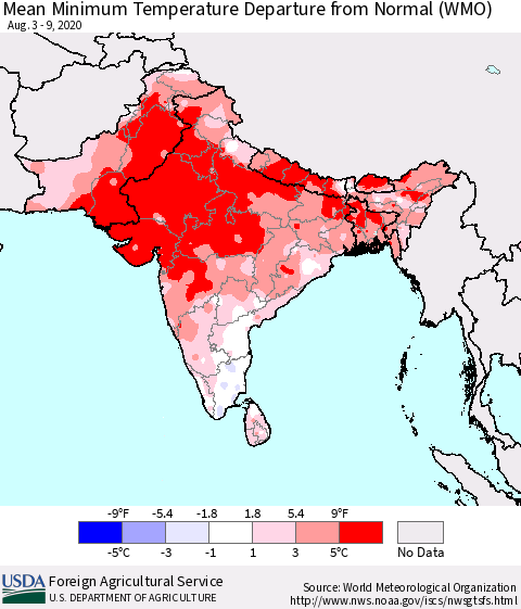 Southern Asia Mean Minimum Temperature Departure from Normal (WMO) Thematic Map For 8/3/2020 - 8/9/2020