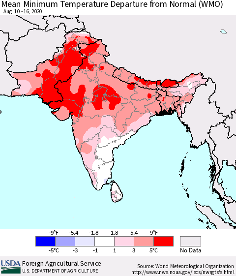 Southern Asia Minimum Temperature Departure From Normal (WMO) Thematic Map For 8/10/2020 - 8/16/2020