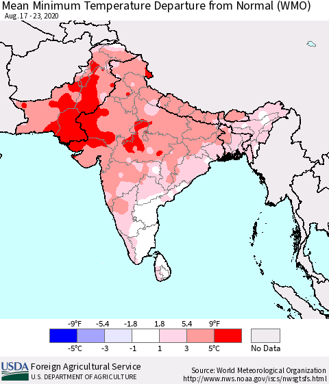 Southern Asia Mean Minimum Temperature Departure from Normal (WMO) Thematic Map For 8/17/2020 - 8/23/2020