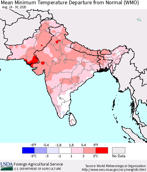 Southern Asia Mean Minimum Temperature Departure from Normal (WMO) Thematic Map For 8/24/2020 - 8/30/2020