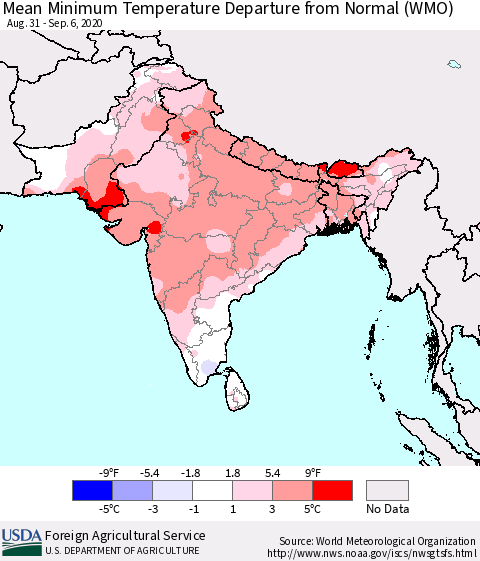 Southern Asia Mean Minimum Temperature Departure from Normal (WMO) Thematic Map For 8/31/2020 - 9/6/2020