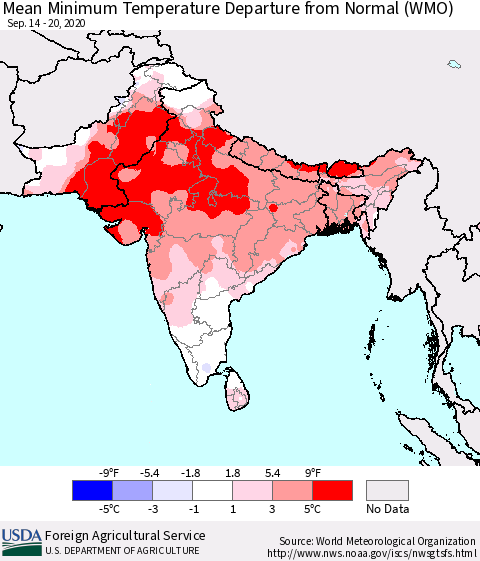 Southern Asia Minimum Temperature Departure From Normal (WMO) Thematic Map For 9/14/2020 - 9/20/2020