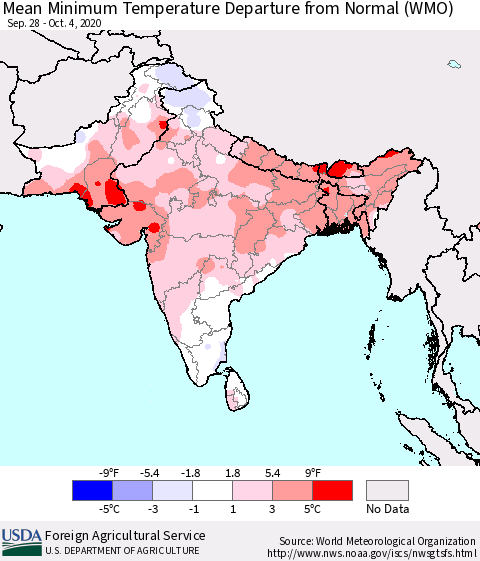 Southern Asia Mean Minimum Temperature Departure from Normal (WMO) Thematic Map For 9/28/2020 - 10/4/2020