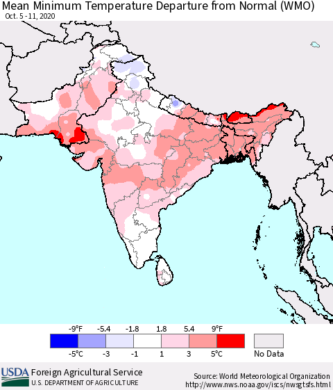 Southern Asia Mean Minimum Temperature Departure from Normal (WMO) Thematic Map For 10/5/2020 - 10/11/2020