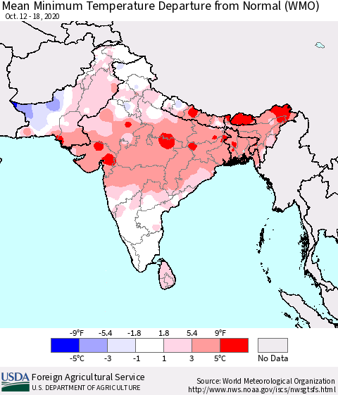 Southern Asia Mean Minimum Temperature Departure from Normal (WMO) Thematic Map For 10/12/2020 - 10/18/2020