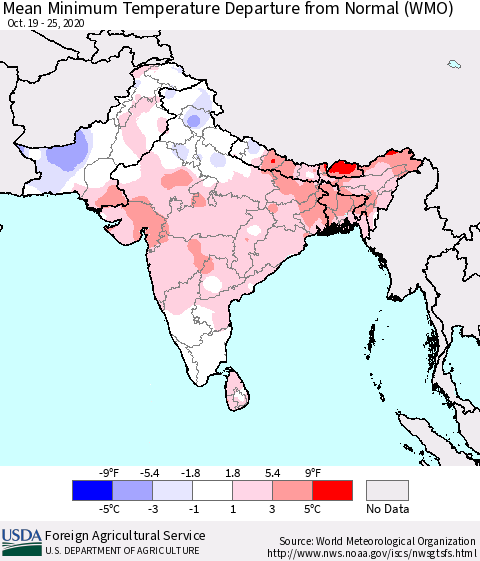 Southern Asia Minimum Temperature Departure From Normal (WMO) Thematic Map For 10/19/2020 - 10/25/2020