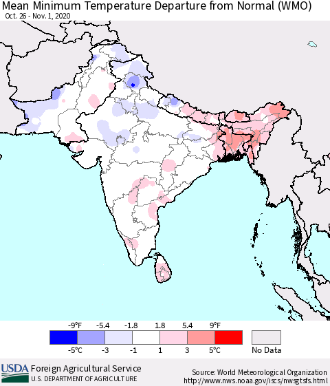Southern Asia Minimum Temperature Departure From Normal (WMO) Thematic Map For 10/26/2020 - 11/1/2020