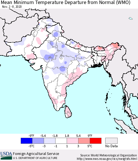 Southern Asia Mean Minimum Temperature Departure from Normal (WMO) Thematic Map For 11/2/2020 - 11/8/2020