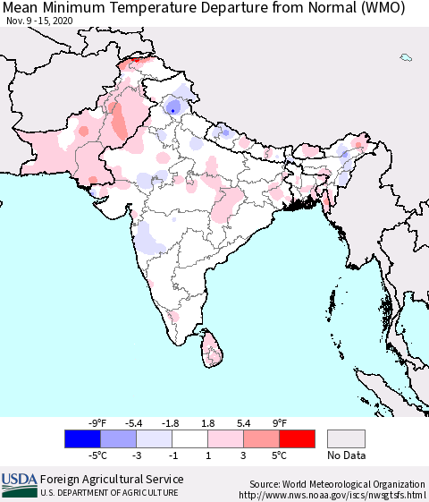 Southern Asia Mean Minimum Temperature Departure from Normal (WMO) Thematic Map For 11/9/2020 - 11/15/2020