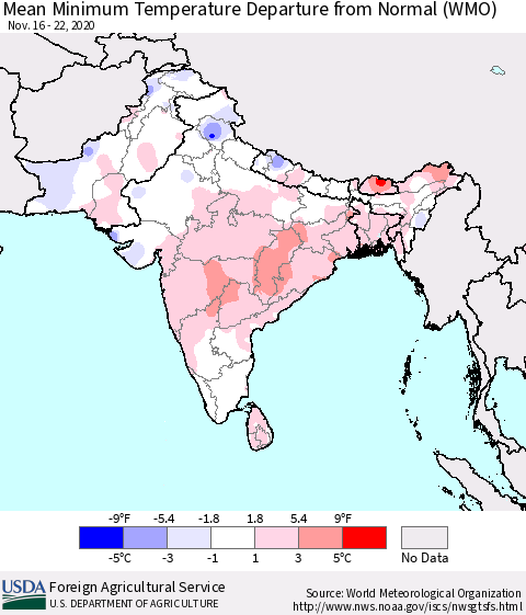 Southern Asia Mean Minimum Temperature Departure from Normal (WMO) Thematic Map For 11/16/2020 - 11/22/2020
