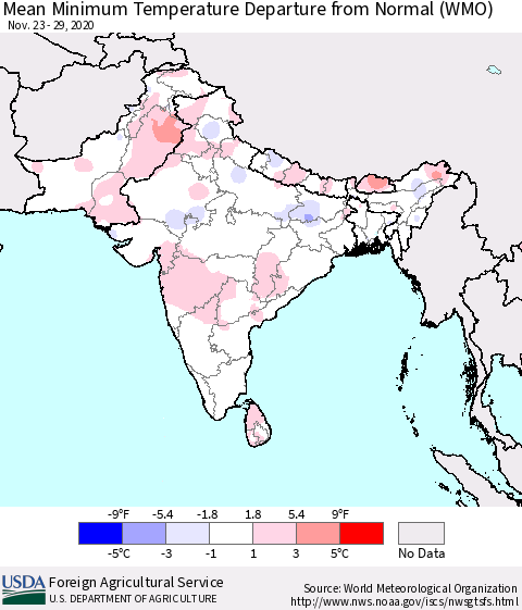 Southern Asia Minimum Temperature Departure From Normal (WMO) Thematic Map For 11/23/2020 - 11/29/2020