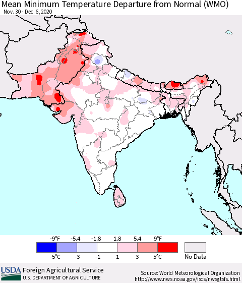 Southern Asia Minimum Temperature Departure From Normal (WMO) Thematic Map For 11/30/2020 - 12/6/2020