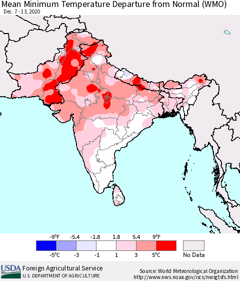 Southern Asia Mean Minimum Temperature Departure from Normal (WMO) Thematic Map For 12/7/2020 - 12/13/2020