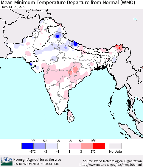 Southern Asia Mean Minimum Temperature Departure from Normal (WMO) Thematic Map For 12/14/2020 - 12/20/2020