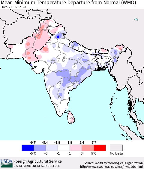 Southern Asia Minimum Temperature Departure From Normal (WMO) Thematic Map For 12/21/2020 - 12/27/2020