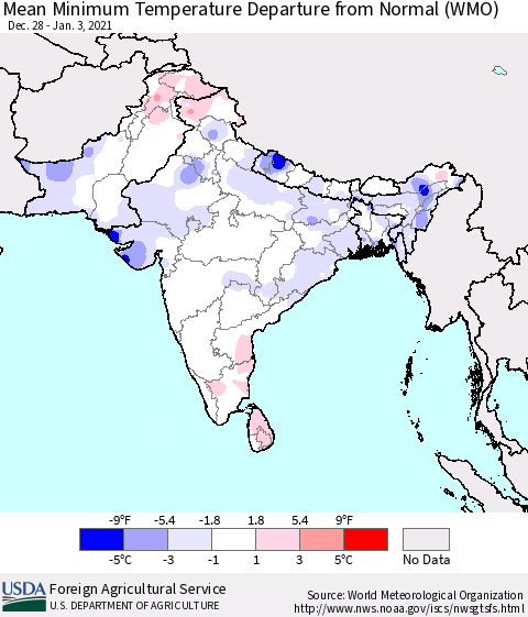 Southern Asia Mean Minimum Temperature Departure from Normal (WMO) Thematic Map For 12/28/2020 - 1/3/2021