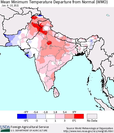 Southern Asia Mean Minimum Temperature Departure from Normal (WMO) Thematic Map For 1/4/2021 - 1/10/2021