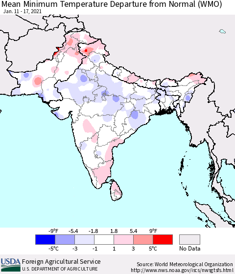 Southern Asia Minimum Temperature Departure From Normal (WMO) Thematic Map For 1/11/2021 - 1/17/2021