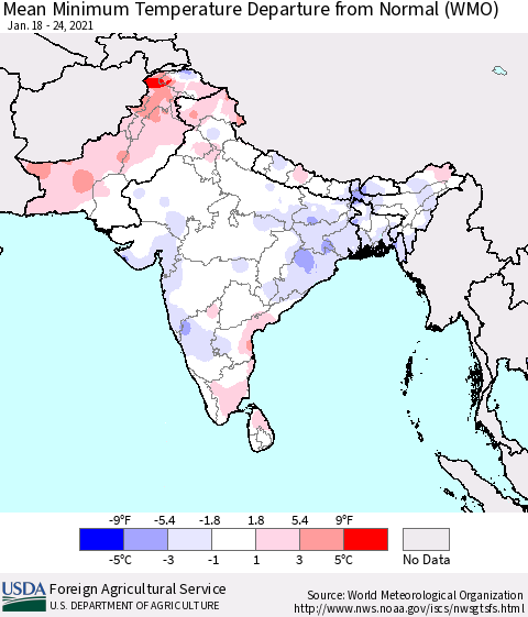 Southern Asia Minimum Temperature Departure From Normal (WMO) Thematic Map For 1/18/2021 - 1/24/2021
