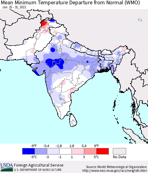 Southern Asia Mean Minimum Temperature Departure from Normal (WMO) Thematic Map For 1/25/2021 - 1/31/2021