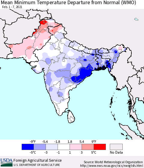 Southern Asia Minimum Temperature Departure From Normal (WMO) Thematic Map For 2/1/2021 - 2/7/2021